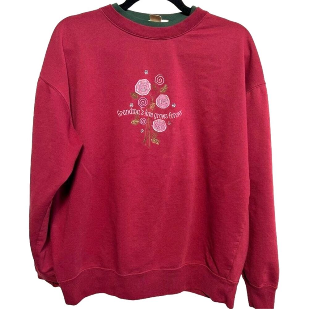 Vintage Grandmas Love Grows Forever Embroidered Sweatshirt L Red Granny 80s